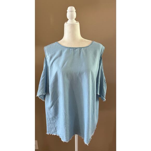 J. Jill Denim Blue 100% Tencel Cold Shoulder Raw Hem, Size 2X - Picture 1 of 6